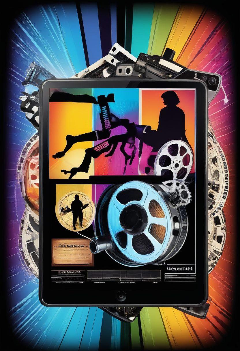 A historical timeline showcasing the evolution of adult media, with vintage film reels on the left and a modern digital tablet on the right, interconnected by a spectrum of provocative imagery. The background should feature a blend of film strips and digital icons, symbolizing the transition. Vector art. vibrant colors.