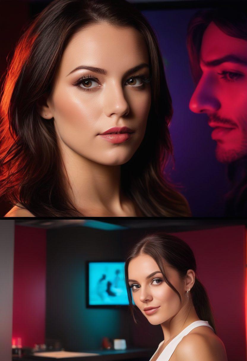 A visually captivating image showcasing the journey from amateur to professional in the adult entertainment industry, featuring a split screen: the left side depicting a raw, intimate amateur setting and the right side showcasing a polished, high-end professional studio. vibrant colors. balanced lighting. detailed background.
